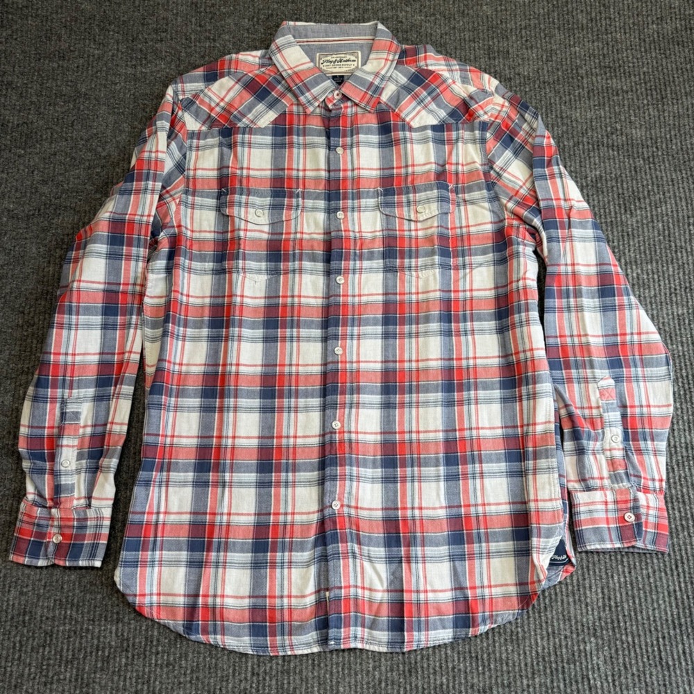 Flag & Anthem Mens L Red Blue Plaid Button Down Shirt‎ Casual Classic